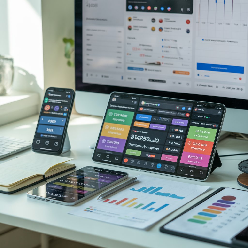 Social media marketing dashboard showing analytics and performance metrics on smartphone, tablet, and computer in a modern digital marketing workspace.