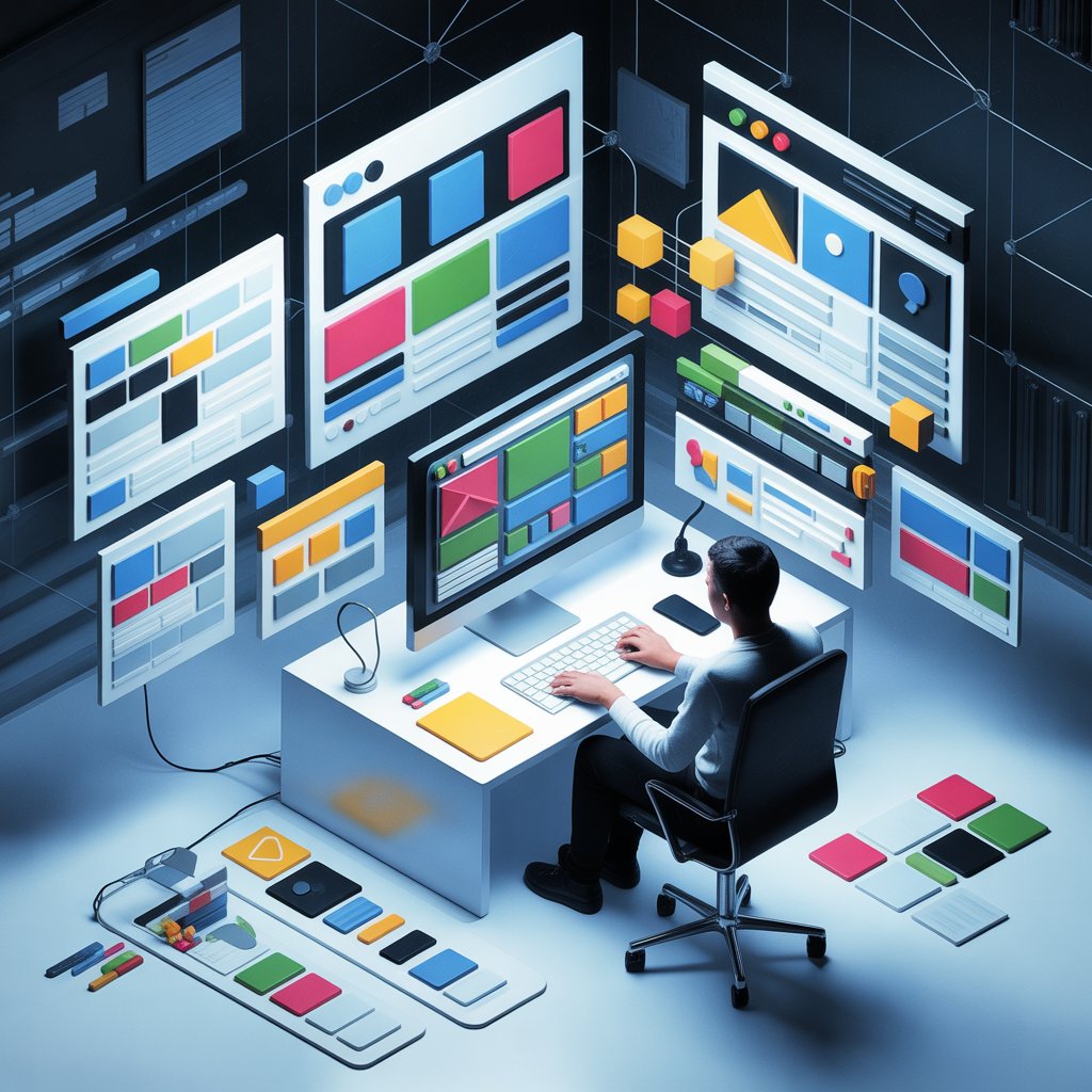 Person working on website building with multiple digital interface designs displayed on screens, showing modern web development tools and layout elements.