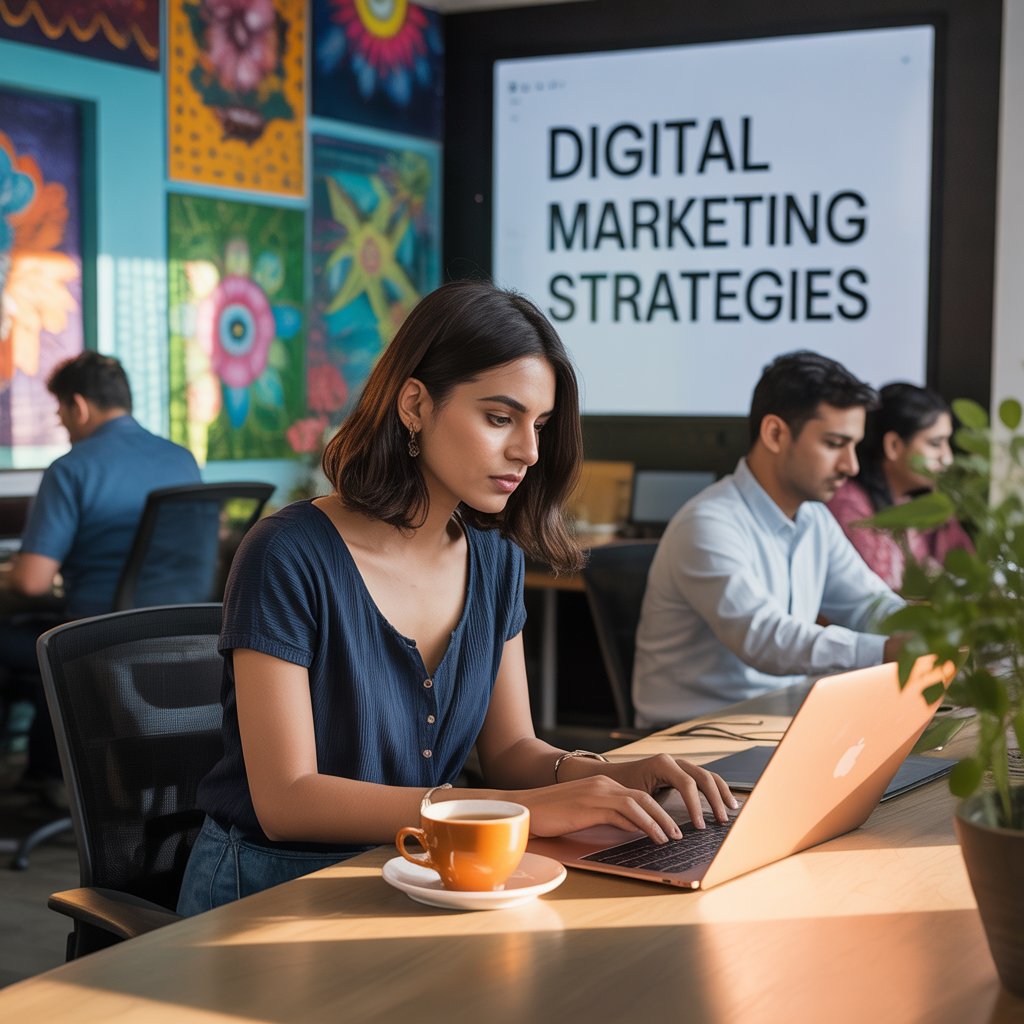 A digital marketing freelancer in india working on a laptop in a modern office space, planning digital marketing strategies with a team.
