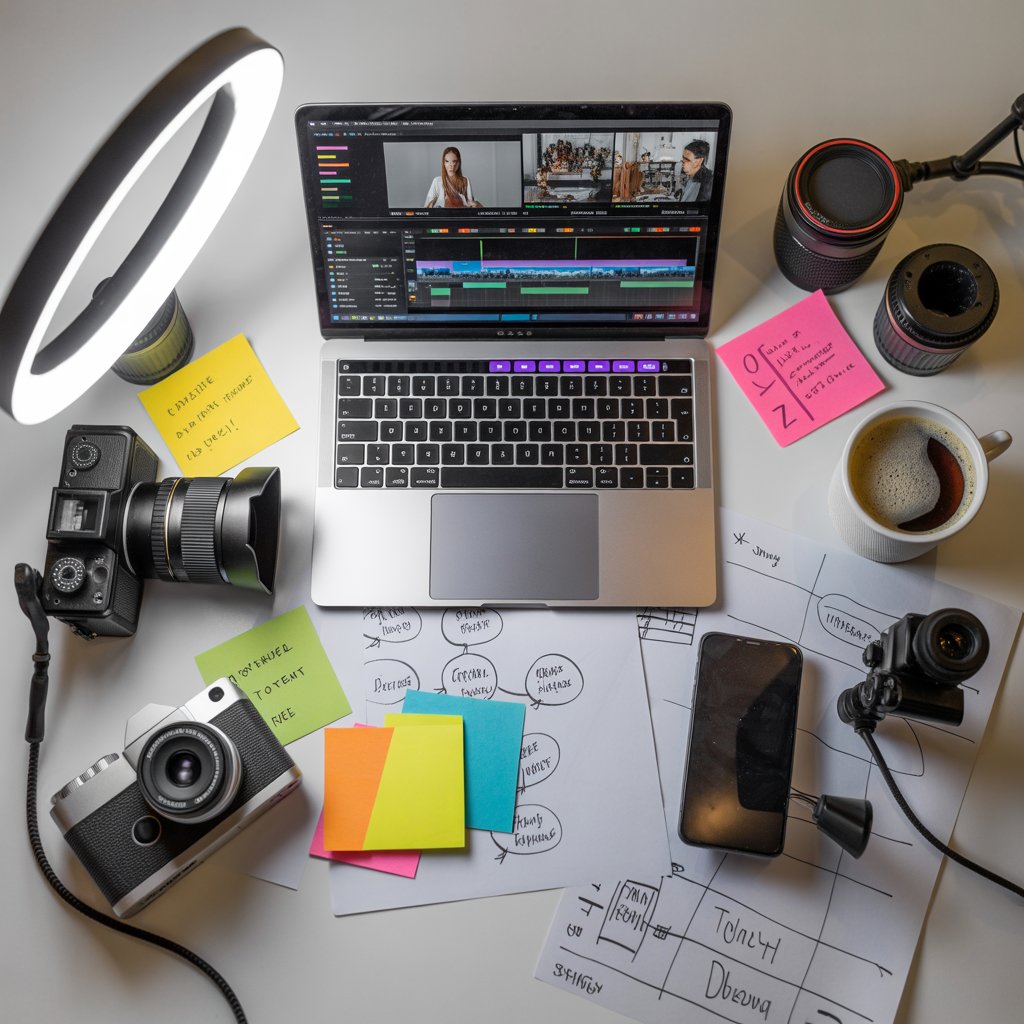 A creative workspace setup for social media marketing with a laptop showing video editing software, camera equipment, ring light, smartphone, notes, and content planning materials on a desk.
